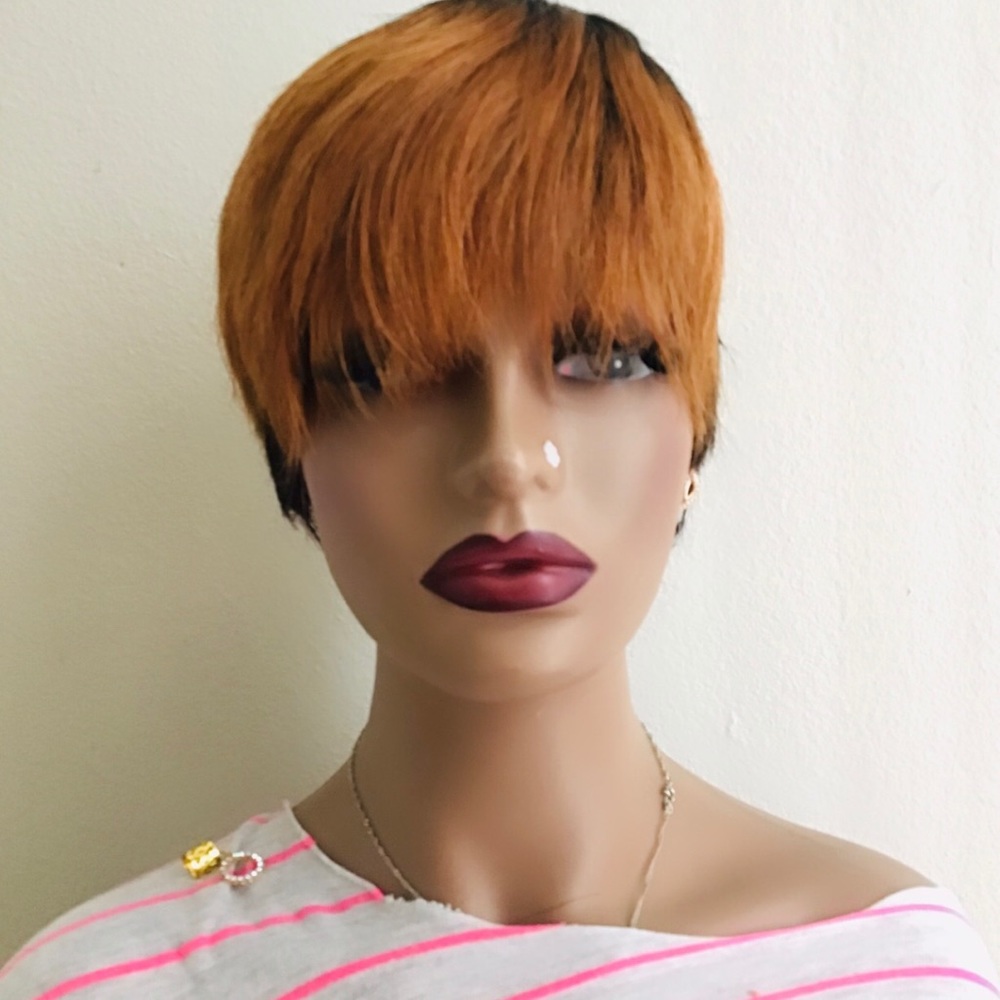 Women Wig Highlight Short Cut Full Machine Made No Lace Human Wig With Bang
